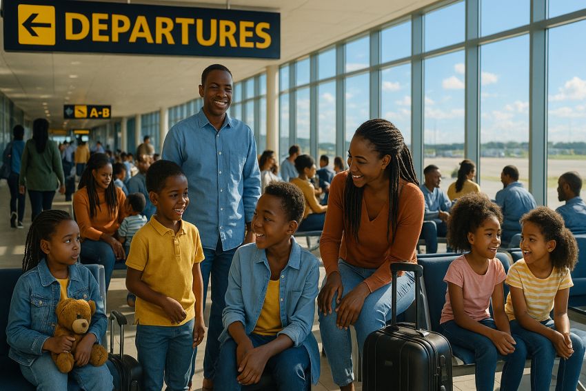 Family waiting in airport departures lounge