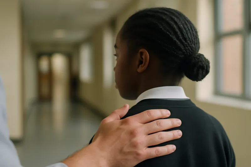 Schoolgirl in uniform with adult hand on shoulder