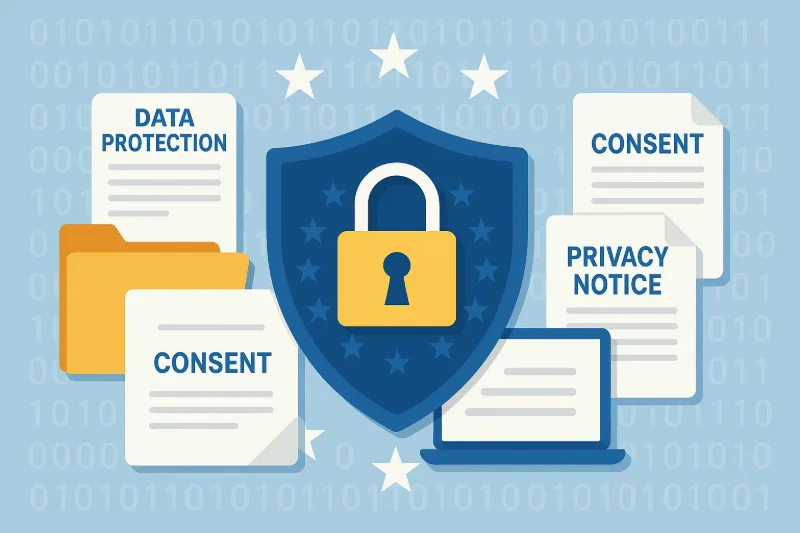 Graphic shield with padlock and data documents