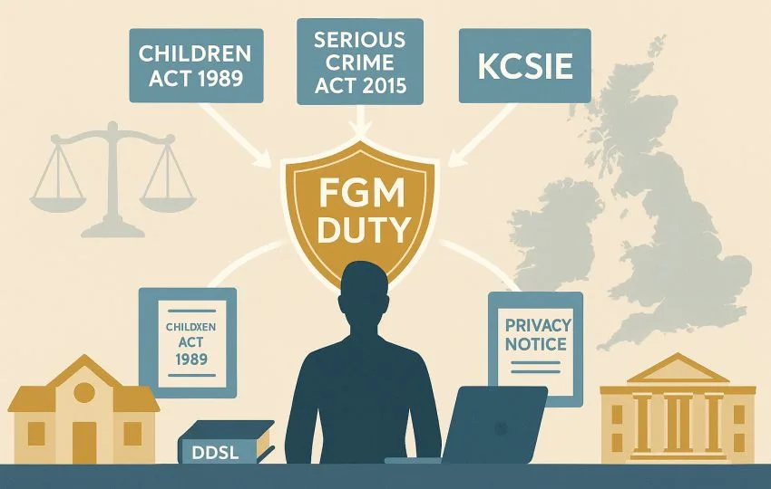 Silhouette at desk with FGM duty shield and UK map
