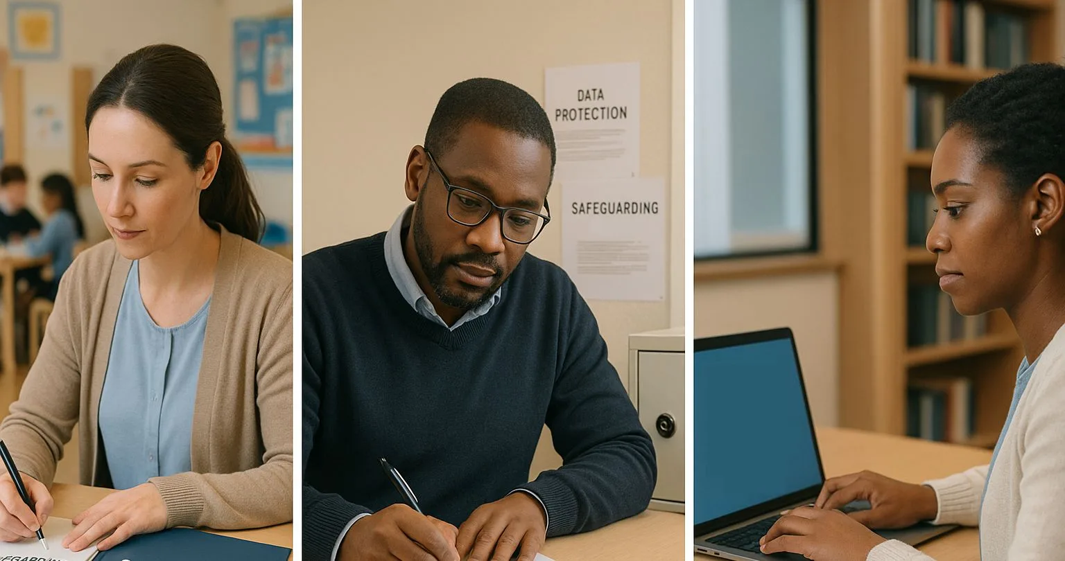 Three adults working at desks in office
