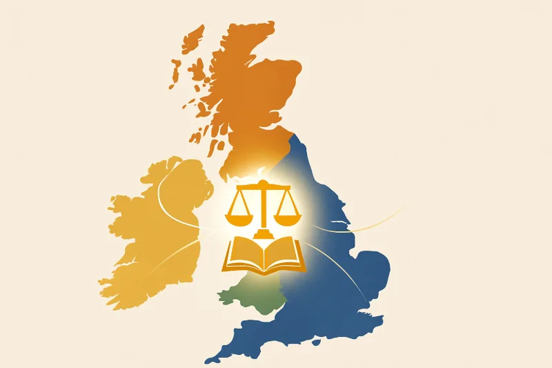 Map of the United Kingdom with legal icons