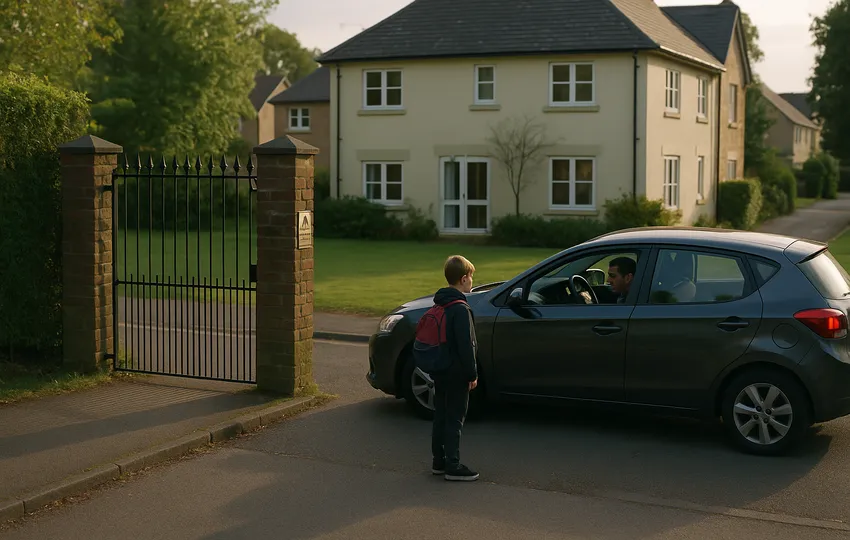 Child with backpack at car by driveway gate