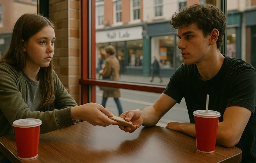 Teen girl handing food to teen boy at fast-food table