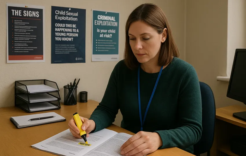Safeguarding officer reviewing exploitation guidance at a desk