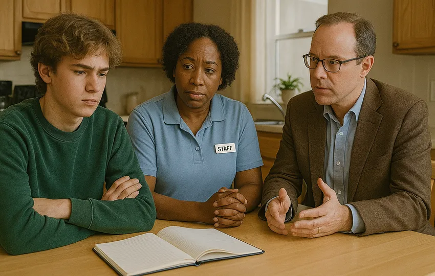 Teenager and two adults seated at table