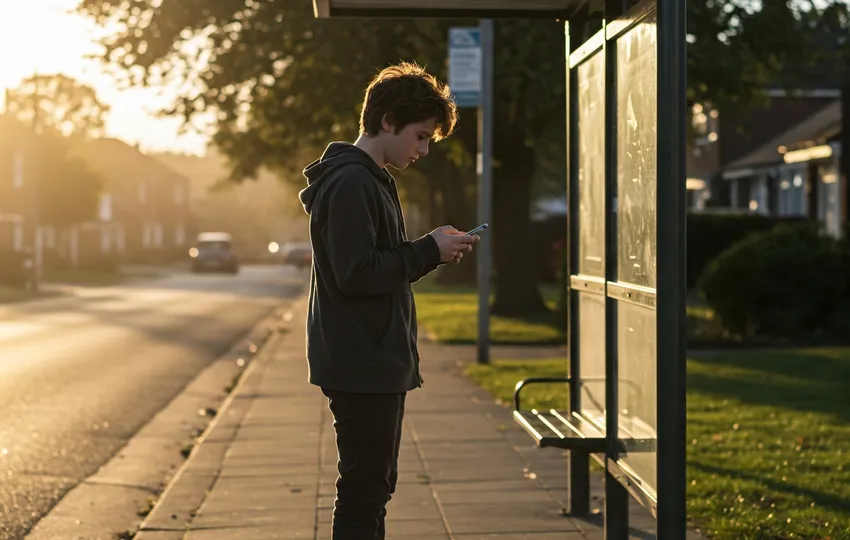 Teenager standing at a bus stop looking at phone