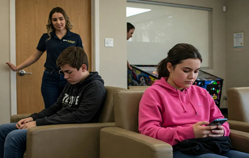 Teen sitting on couch using phone in waiting room