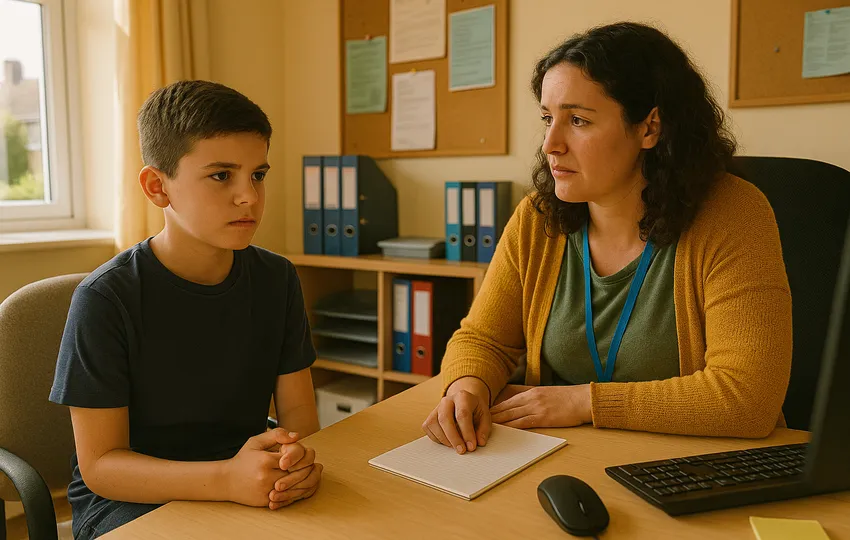 Adult woman and young boy sitting at office desk
