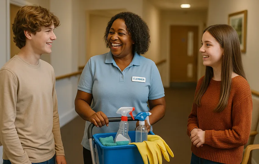 Cleaner talking with two children in hallway