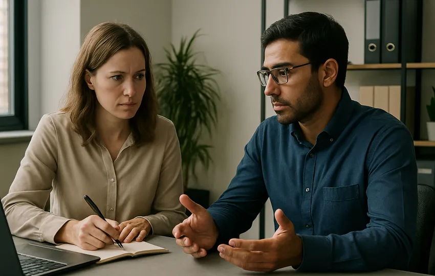 Two colleagues talking at a table