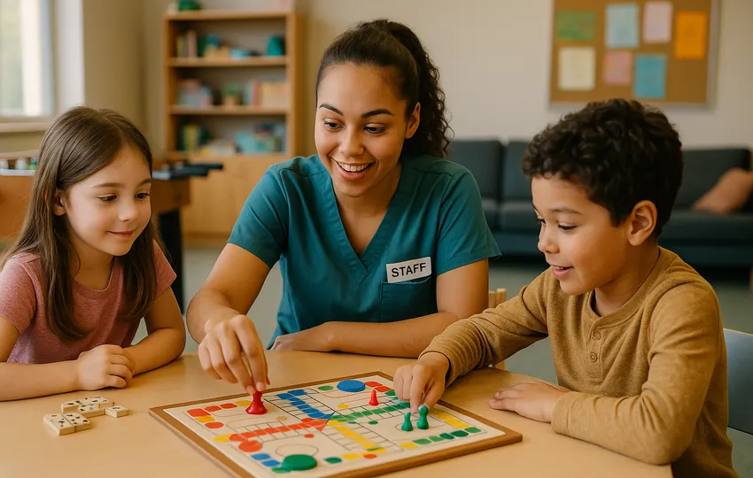 Adult and two children playing board game at table