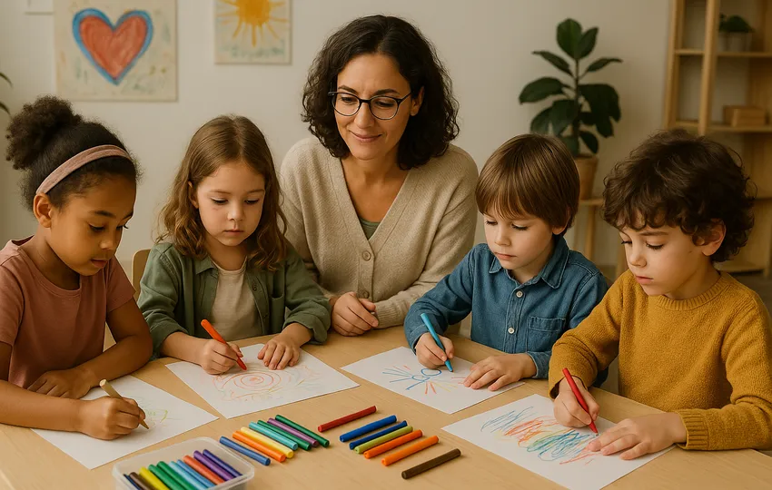 Adult supervises children drawing at table