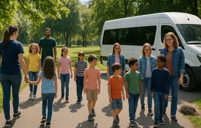 Group of children and adults walking near a white van