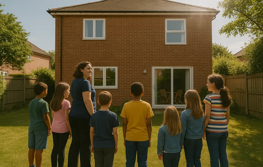 Group of children and one adult standing in backyard
