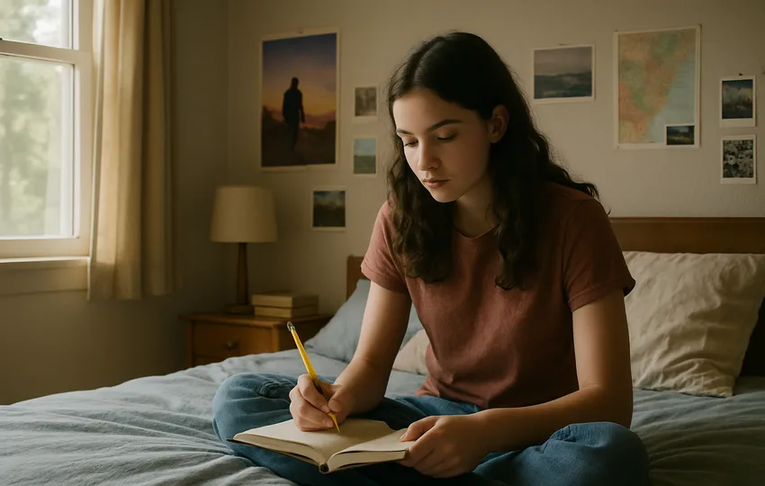 Girl sitting on bed writing in notebook