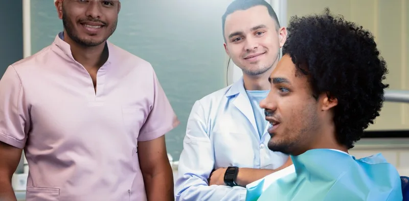 Three healthcare workers speaking with a patient
