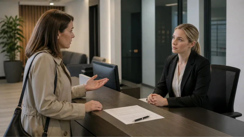 Two women talking at an office reception desk