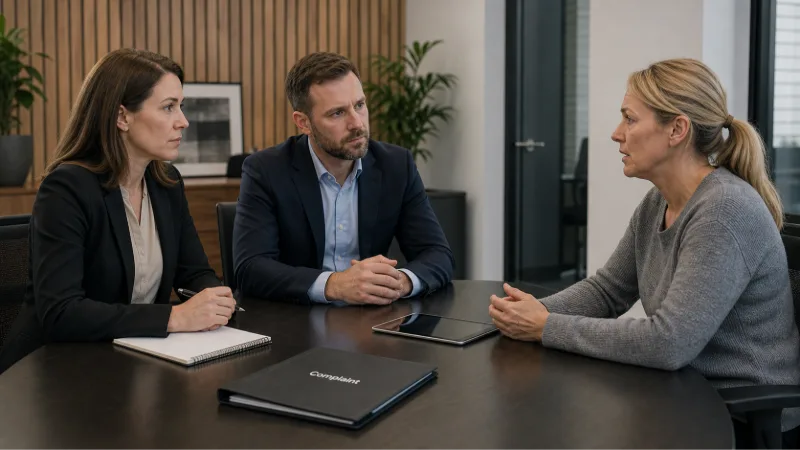 Three adults in a formal meeting around a table