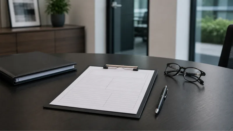 Clipboard with blank paper, pen, and glasses on desk