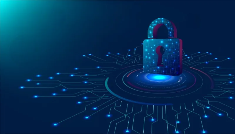 Digital padlock over circuit board graphic