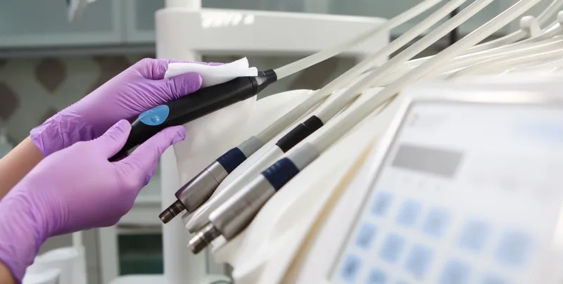 Gloved hands handling dental handpieces on tray