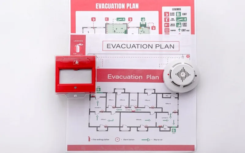 Evacuation route diagram on a wall