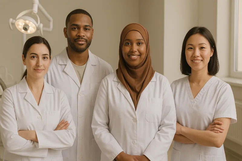 Four diverse healthcare professionals in white coats