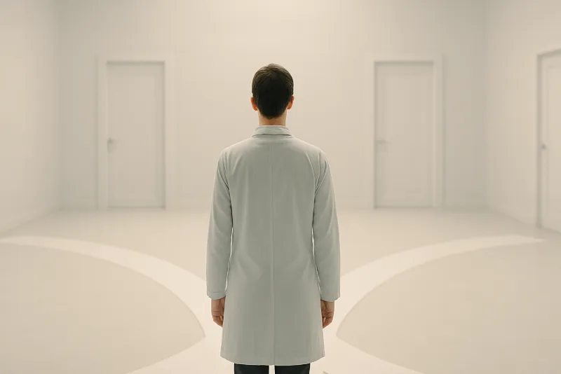 Person in white coat facing three closed doors