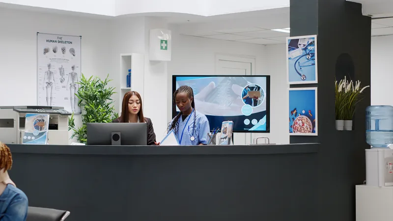 Diverse medical team working at hospital reception desk