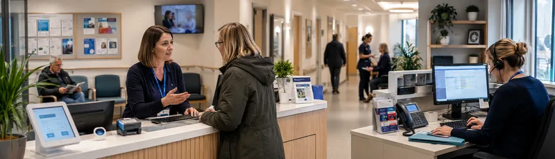 Busy GP practice reception area with staff and patients
