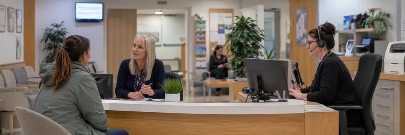 GP practice reception desk with staff and patient