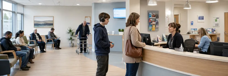 GP practice reception desk with seated waiting patients