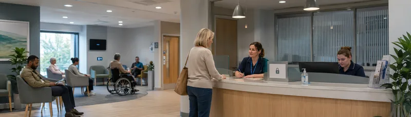 GP practice reception area with staff assisting patients