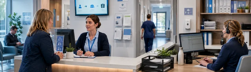 GP practice reception desk with staff and patient