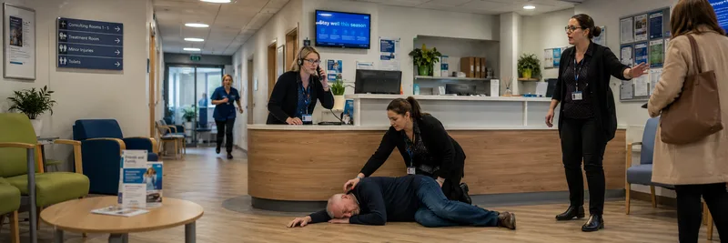 GP reception area with staff assisting collapsed patient