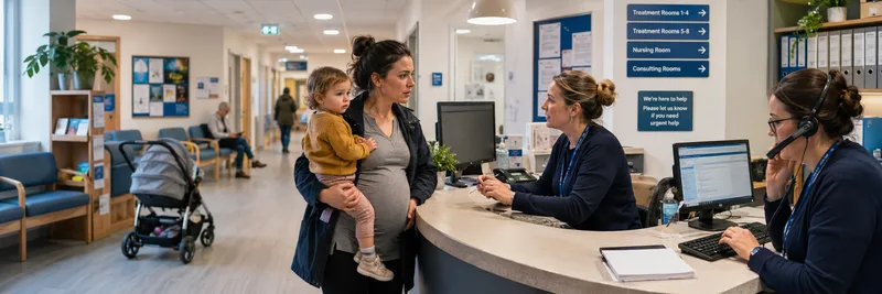 GP reception desk with parent, child, and staff