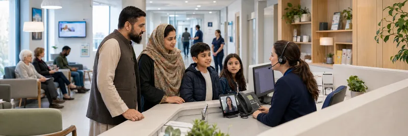Receptionist speaking with family at desk
