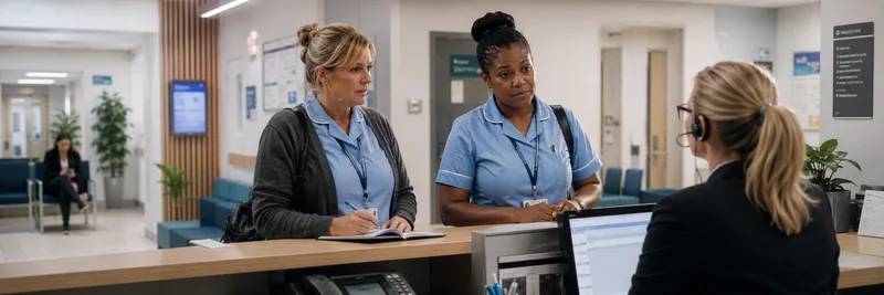 Two female receptionists speaking with visitor