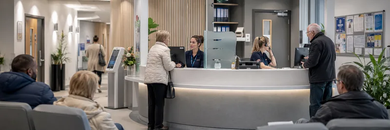 GP practice reception desk with staff and patients