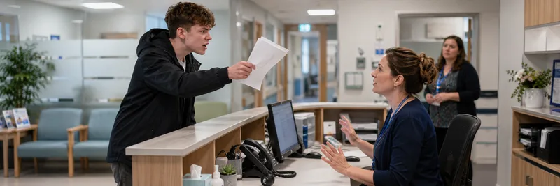 Young man arguing with female receptionist