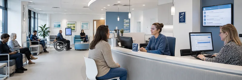 GP reception area with receptionist and patient