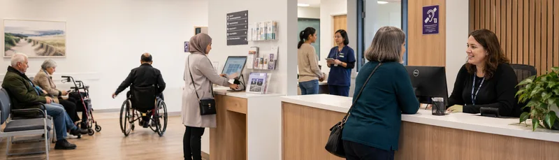 GP practice reception area with staff and patients