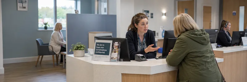 GP receptionist speaking with patient at desk