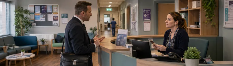 Middle-aged male patient speaking to receptionist at GP desk