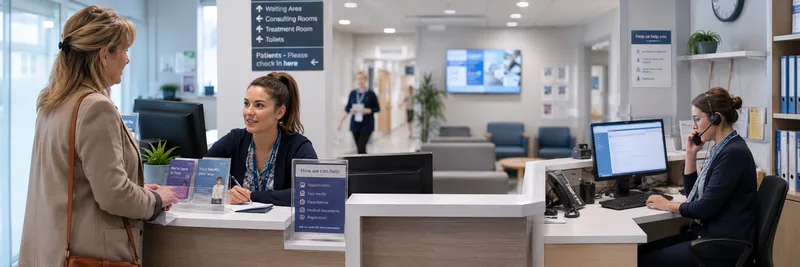 GP practice reception desk with staff assisting patient