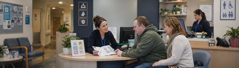Reception desk conversation between staff and patients