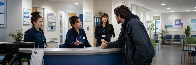 GP reception staff speaking with male patient at desk