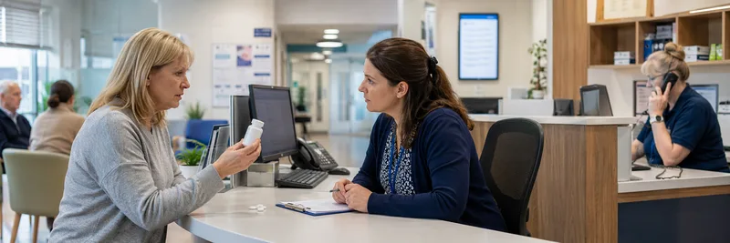 Two women talking at GP reception desk