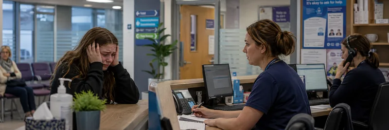 GP practice reception desk with staff and patient